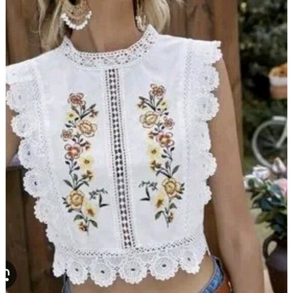 Boho Crochet Embroidered Crop Top XS – White Festival Fairy Dainty - Picture 1 of 7